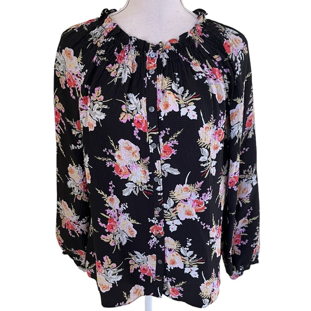Rebecca Taylor Black Floral Bouquet Textured Silk Blouse M